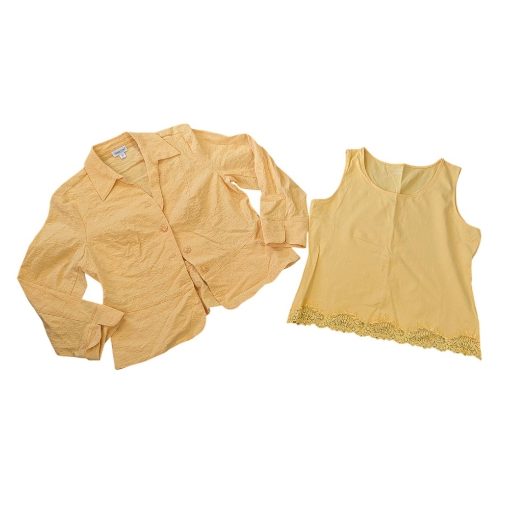 Coldwater Creek Blazer Tank Set Womens 16 XL Yellow Floral Jacquard Lace 2pc